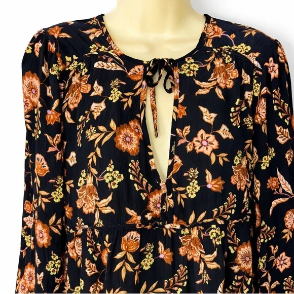 Billabong Hearts Desire Floral Boho Mini Dress Large Black Orange Long Sleeve - Picture 4 of 8